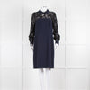 Badgley Mischka Collared Navy Tailored Dress with Black Lace Panels