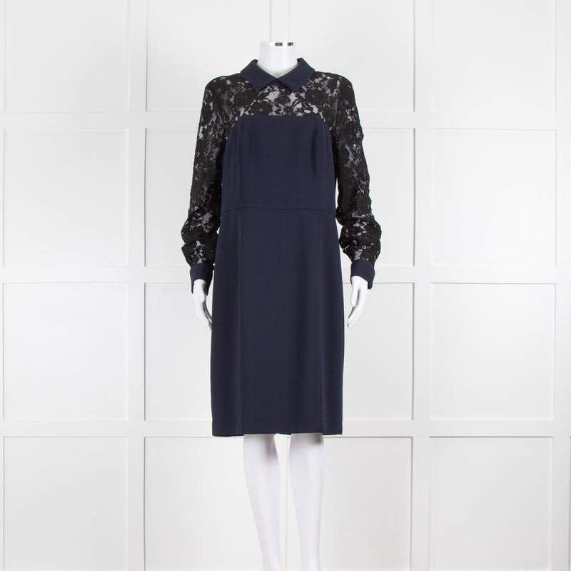 Badgley Mischka Collared Navy Tailored Dress with Black Lace Panels