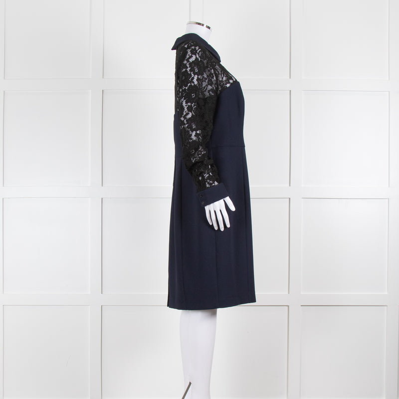 Badgley Mischka Collared Navy Tailored Dress with Black Lace Panels