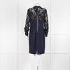 Badgley Mischka Collared Navy Tailored Dress with Black Lace Panels