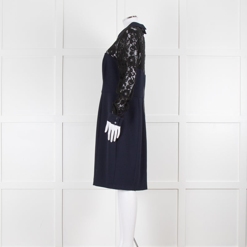 Badgley Mischka Collared Navy Tailored Dress with Black Lace Panels