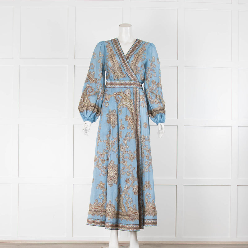 Zimmermann Sky Blue Beige Paisley Print Cotton Wrap Dress