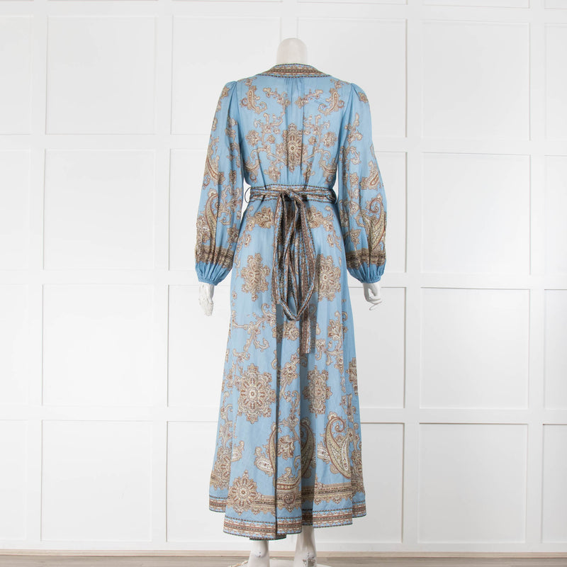 Zimmermann Sky Blue Beige Paisley Print Cotton Wrap Dress