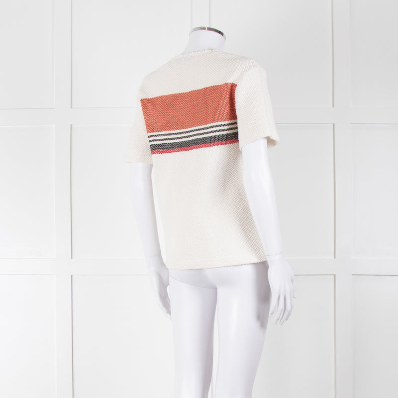 Sandro White Knitted Short Sleeve Top W. Multicolour Stripes