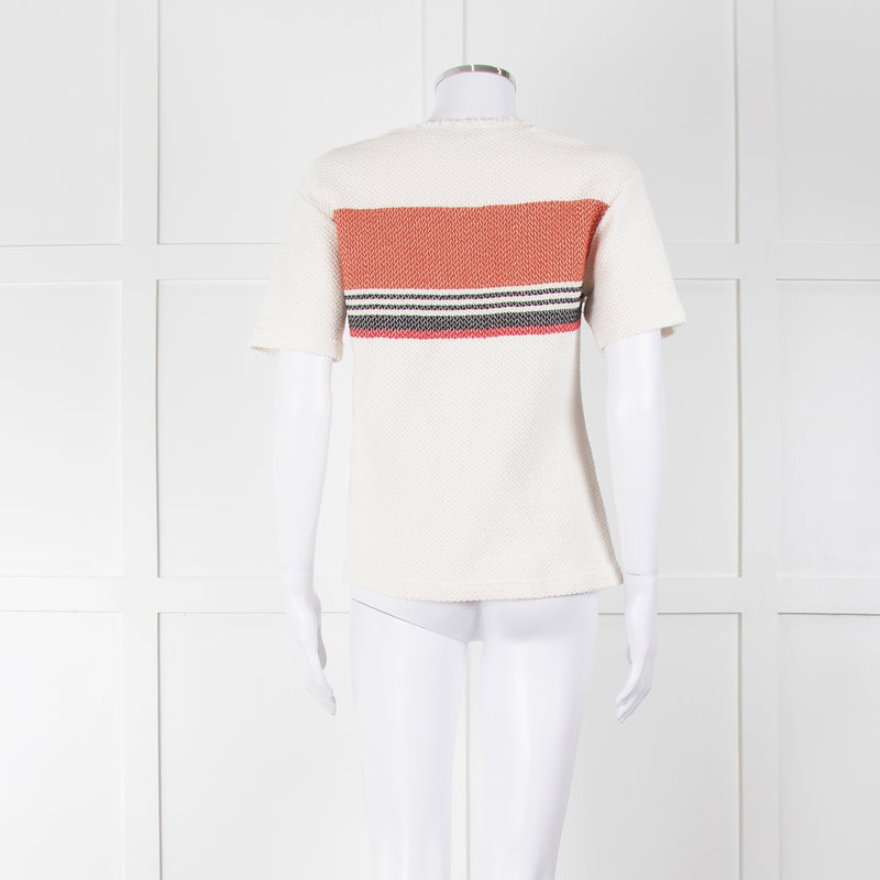 Sandro White Knitted Short Sleeve Top W. Multicolour Stripes