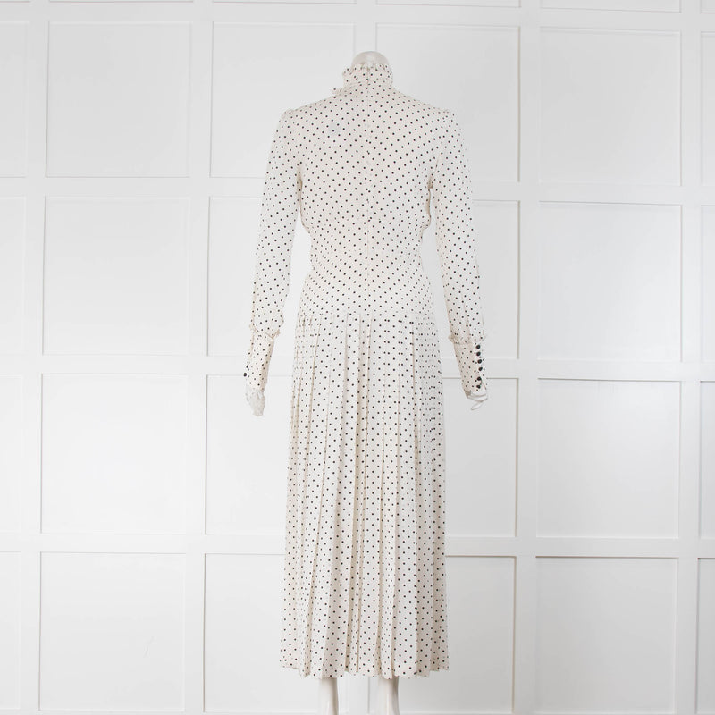 Alessandra Rich White Black Polka Dot Print Pleated Long Dress