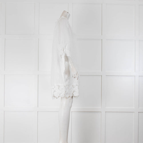 120% Lino White Linen Embroidery Anglaises Hem Short Dress