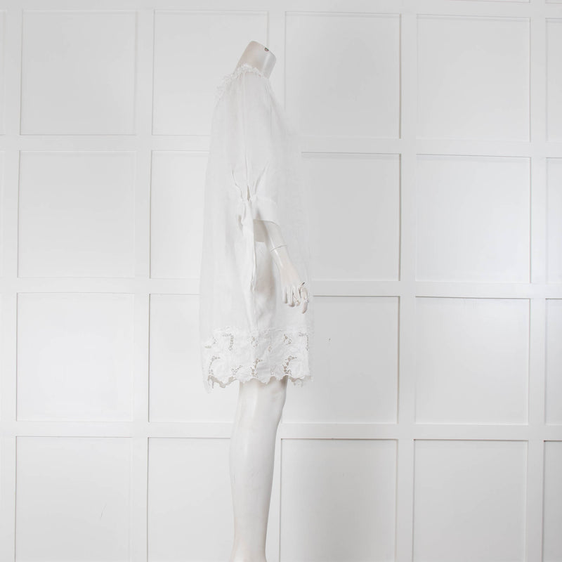 120% Lino White Linen Embroidery Anglaises Hem Short Dress