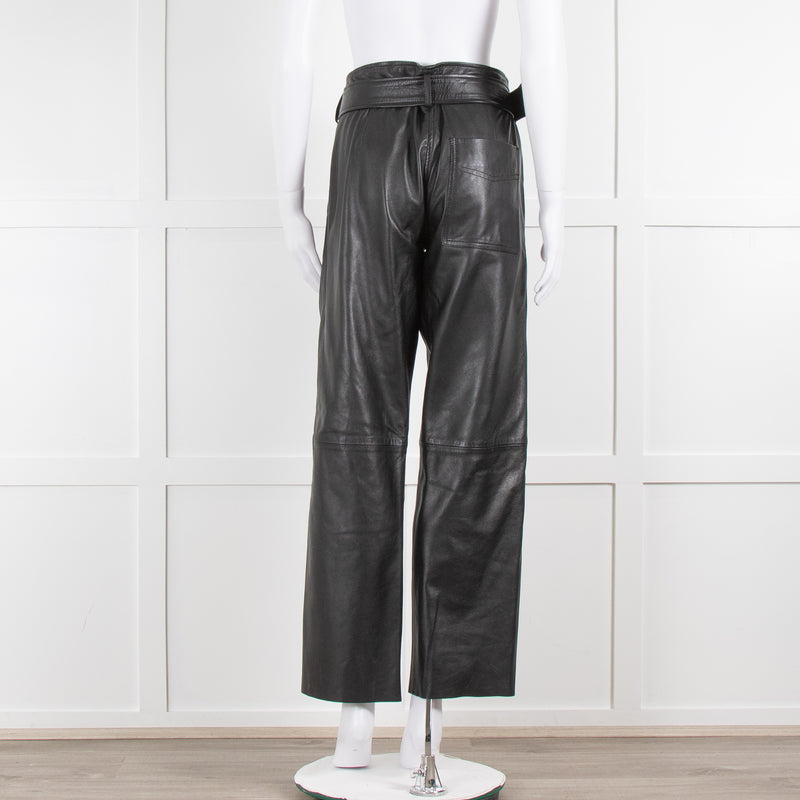 Muubaa Black Leather Straight Leg Trousers with Belt Waist