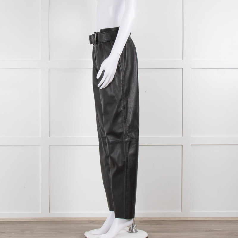 Muubaa Black Leather Straight Leg Trousers with Belt Waist