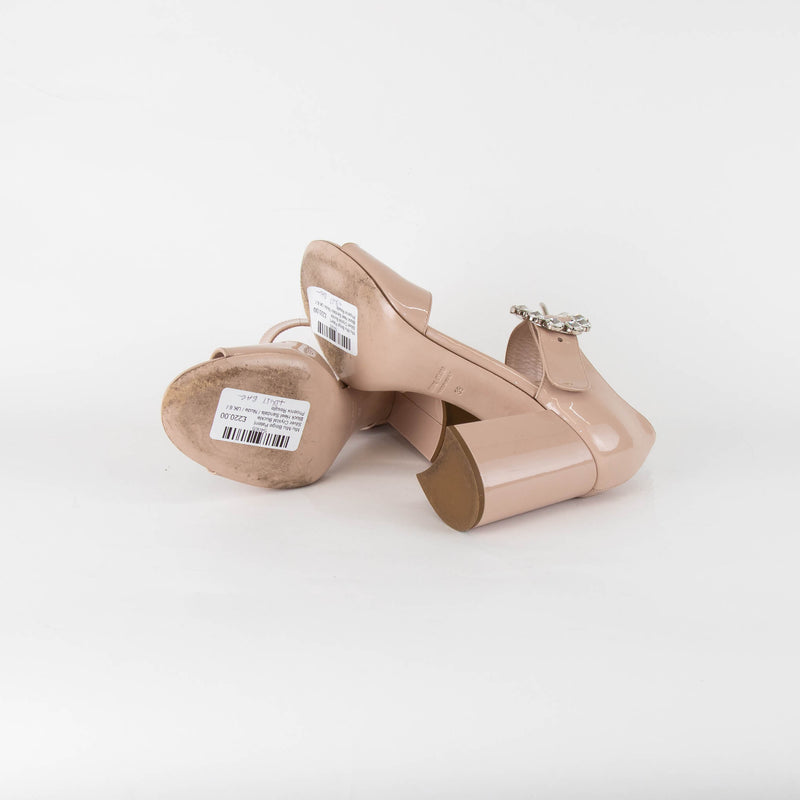 Miu Miu Beige Patent Silver Crystal Buckle Block Heel Sandals
