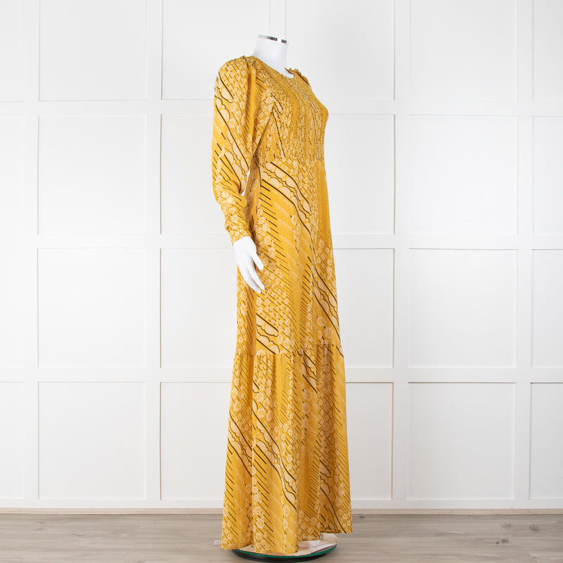 ba&sh Yellow & Black Patterned Ruched Top Maxi Dress