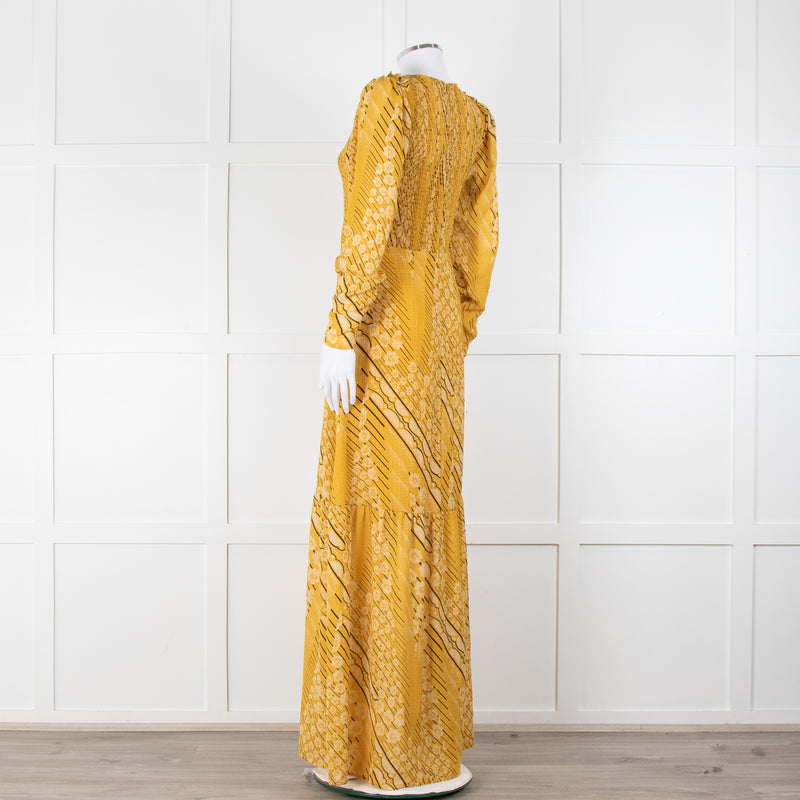 ba&sh Yellow & Black Patterned Ruched Top Maxi Dress