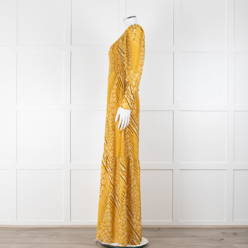 ba&sh Yellow & Black Patterned Ruched Top Maxi Dress