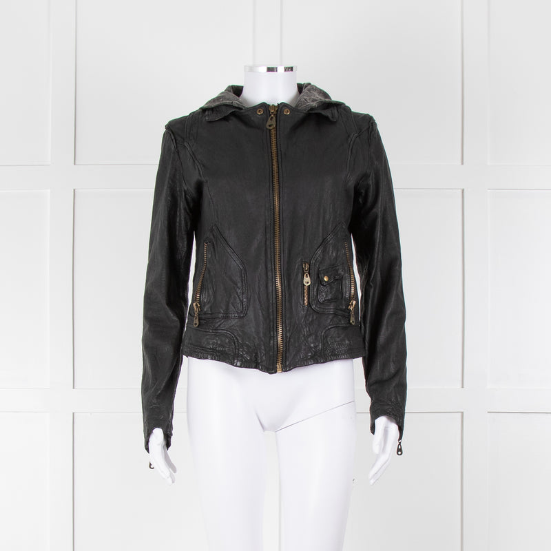 Doma Black Leather Jacket with Detachable Cotton Hood