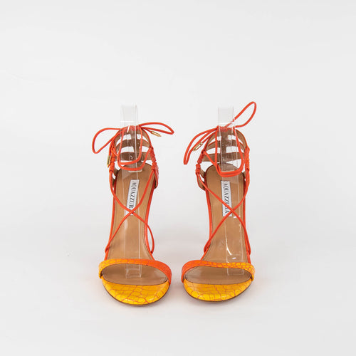 Aquazzura Orange Yellow Croc-Effect Lace Up Heeled Sandals
