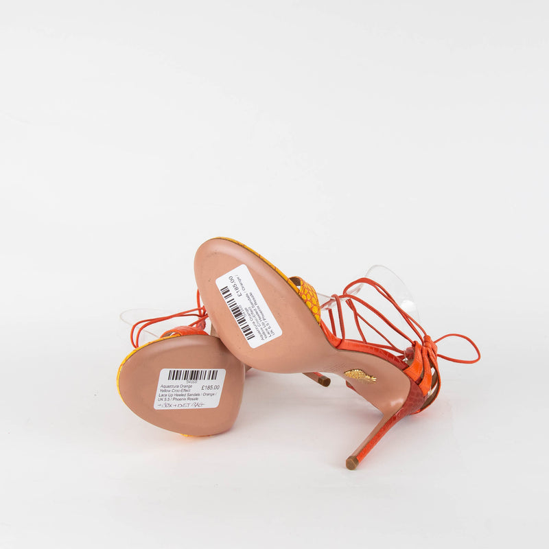Aquazzura Orange Yellow Croc-Effect Lace Up Heeled Sandals