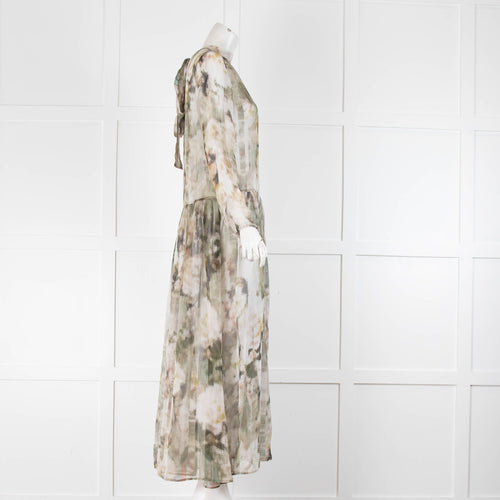 Max & Co White Khaki Sheer Long Sleeve Midi Dress With Slip
