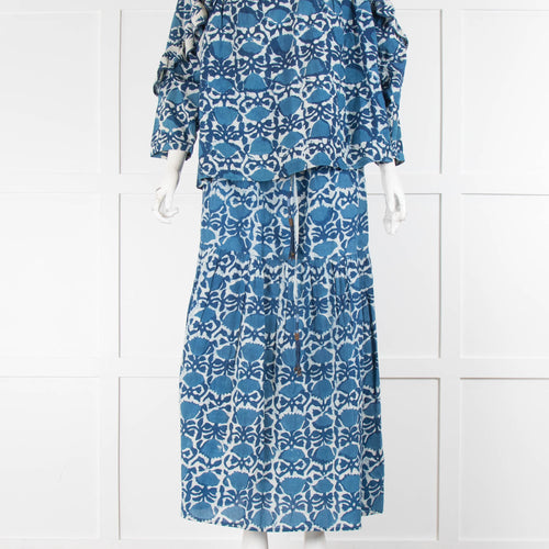 Louizon Blue Print Cotton Elasticated Waist Maxi Skirt