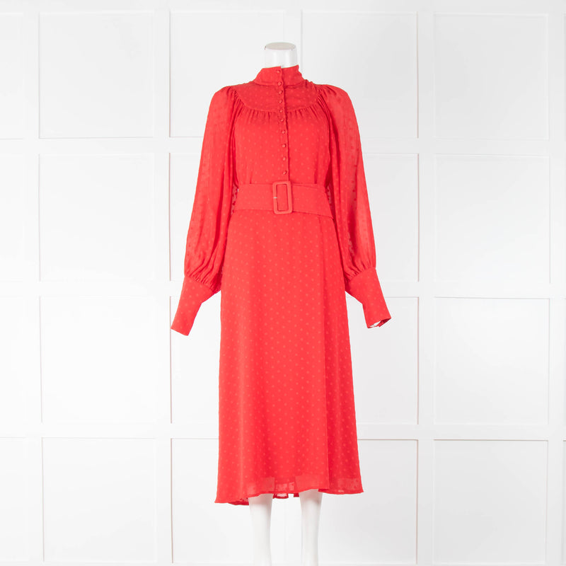 Rotate Red On Red Dot Long Sleeve Belted Dress