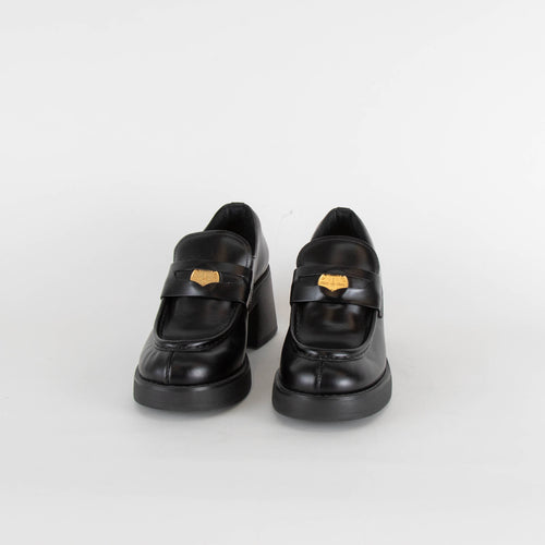 Miu Miu Black Leather Gold Penny Heel Loafers