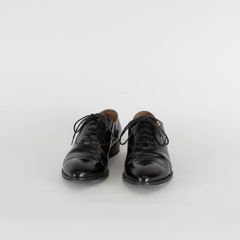 Chanel Black Leather Lace Up Oxford Shoes