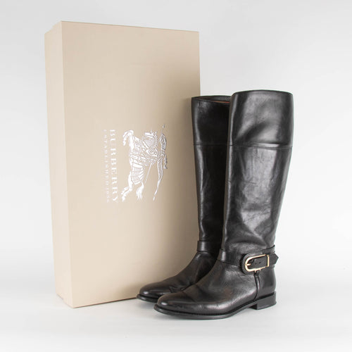 Burberry Black Buckle Knee High Biker Boots