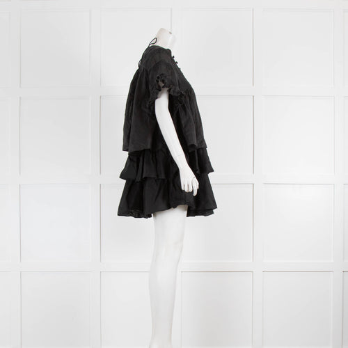 Joslin Black Ruffle Short Sleeve Linen Mini Dress