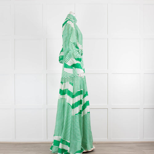 Mackenzie Mode Cream Green Stripes Long Sleeve Belted Maxi Dress
