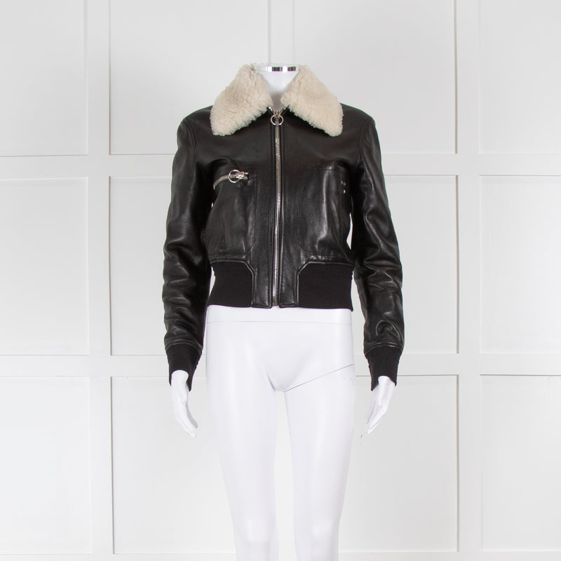 Bally Black Leather Cream Fur Collar Bomber Jacket