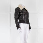 Bally Black Leather Cream Fur Collar Bomber Jacket