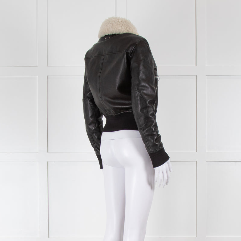 Bally Black Leather Cream Fur Collar Bomber Jacket