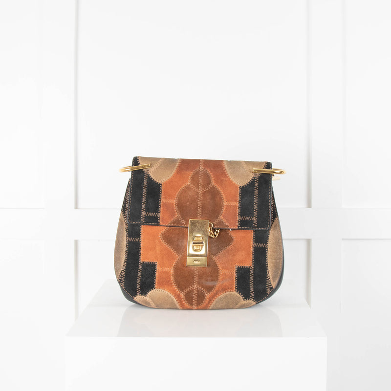 Chloe Suede Patchwork Drew Bag With Gold Chain Strap