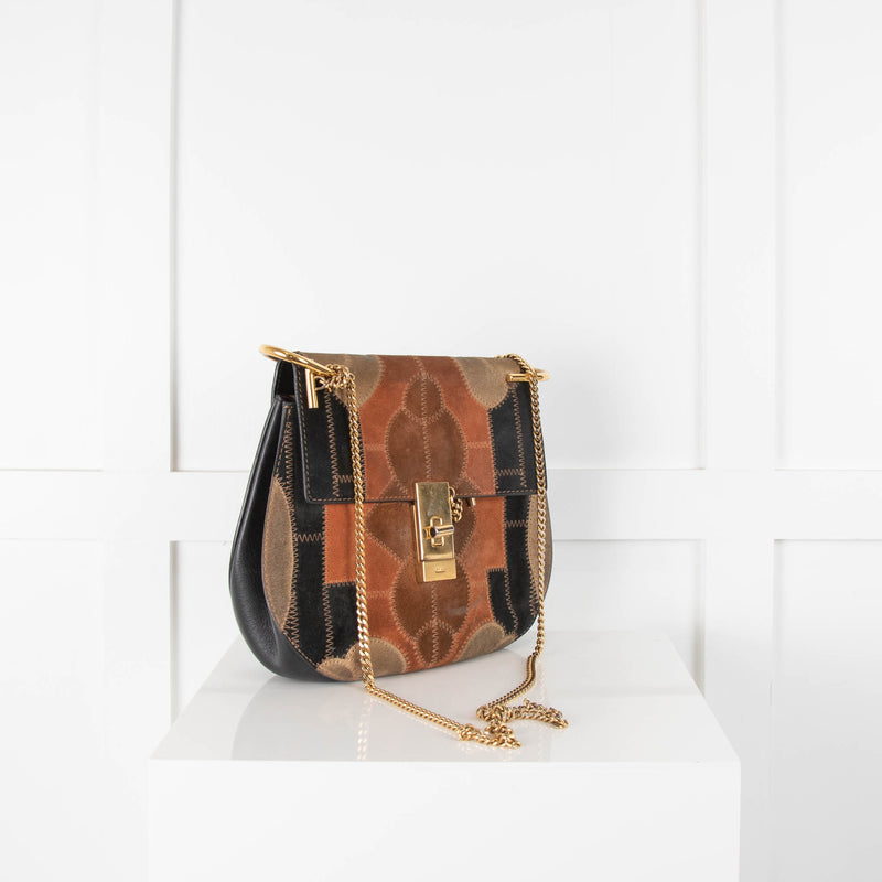 Chloe Suede Patchwork Drew Bag With Gold Chain Strap