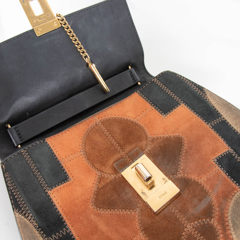 Chloe Suede Patchwork Drew Bag With Gold Chain Strap