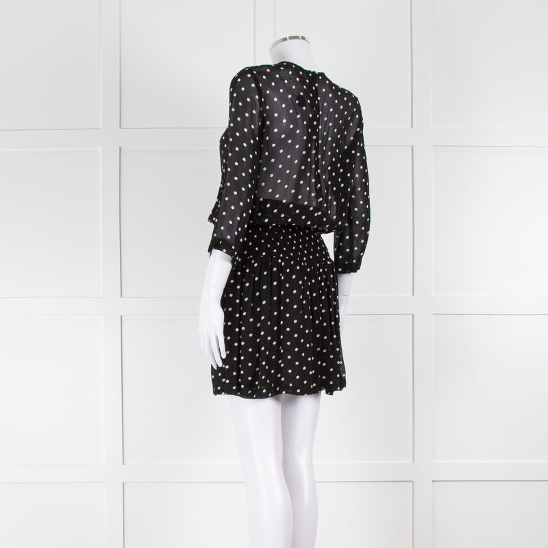 Ganni Black Cream Polka Dot Ruched Drop Waist Dress