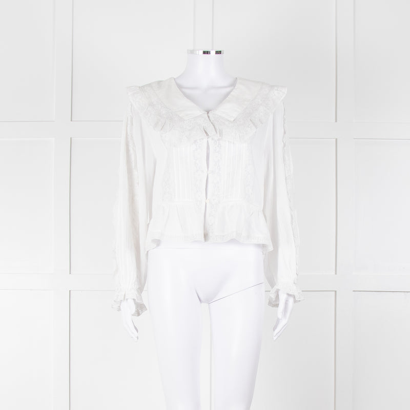 Rixo White Cotton Lace Trim  large Collared Blouse