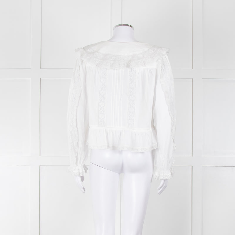 Rixo White Cotton Lace Trim  large Collared Blouse