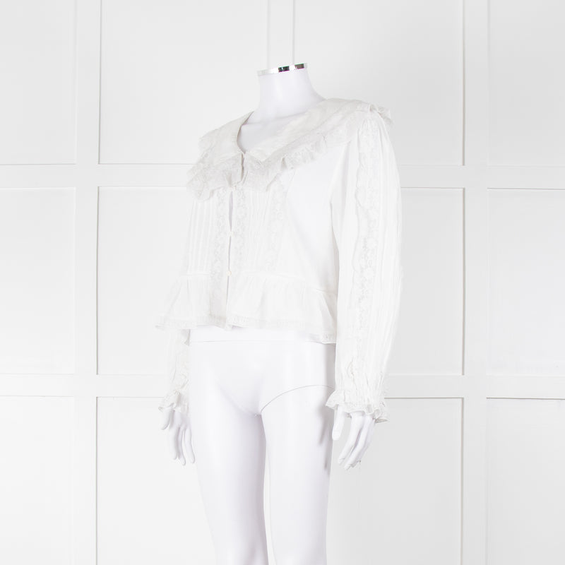 Rixo White Cotton Lace Trim  large Collared Blouse