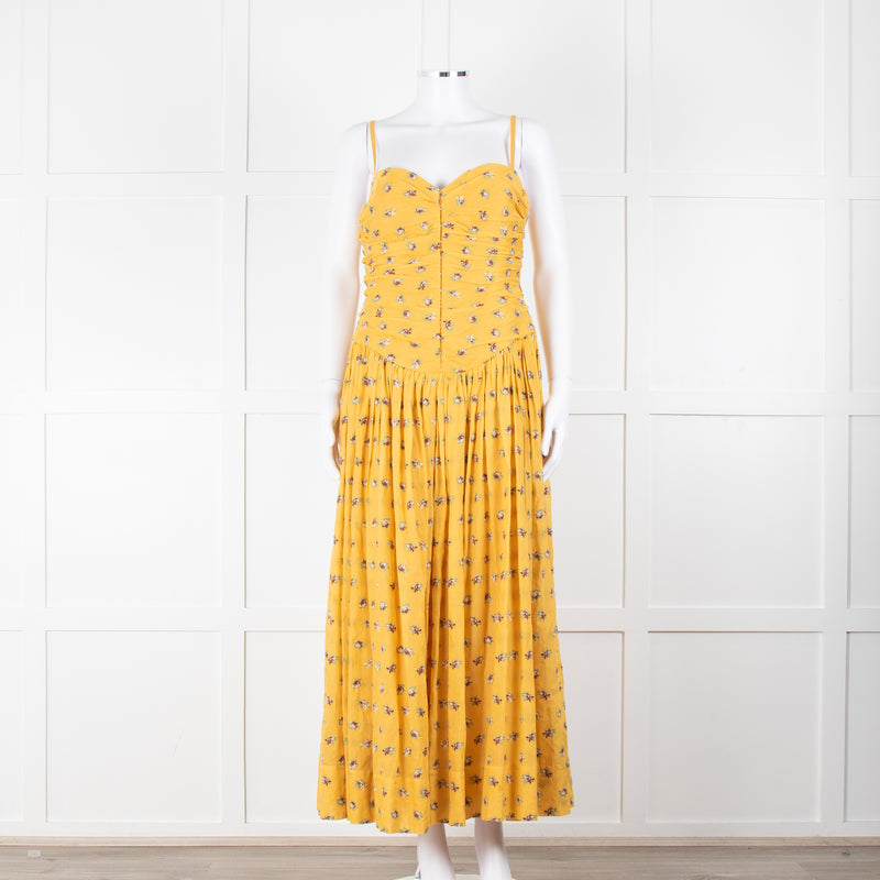 Tory Burch Yellow Floral Embroidered Cotton Sleeveless Dress