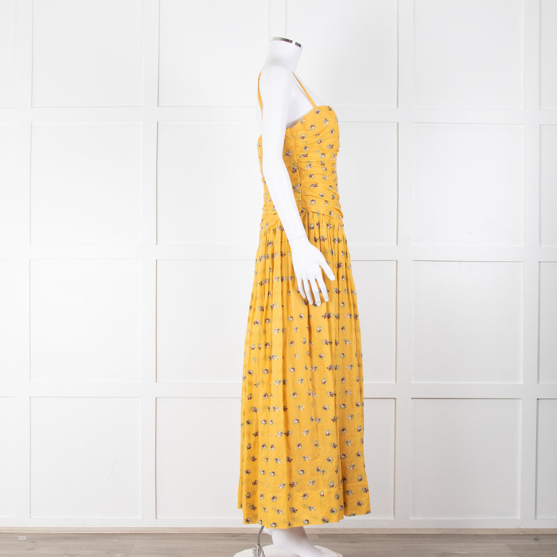 Tory Burch Yellow Floral Embroidered Cotton Sleeveless Dress