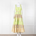 Alemais Lime Green Yellow Textured Tiered Belted Sleeveless Dress