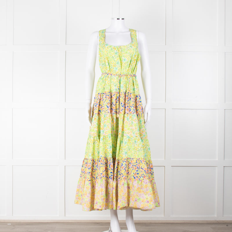 Alemais Lime Green Yellow Textured Tiered Belted Sleeveless Dress