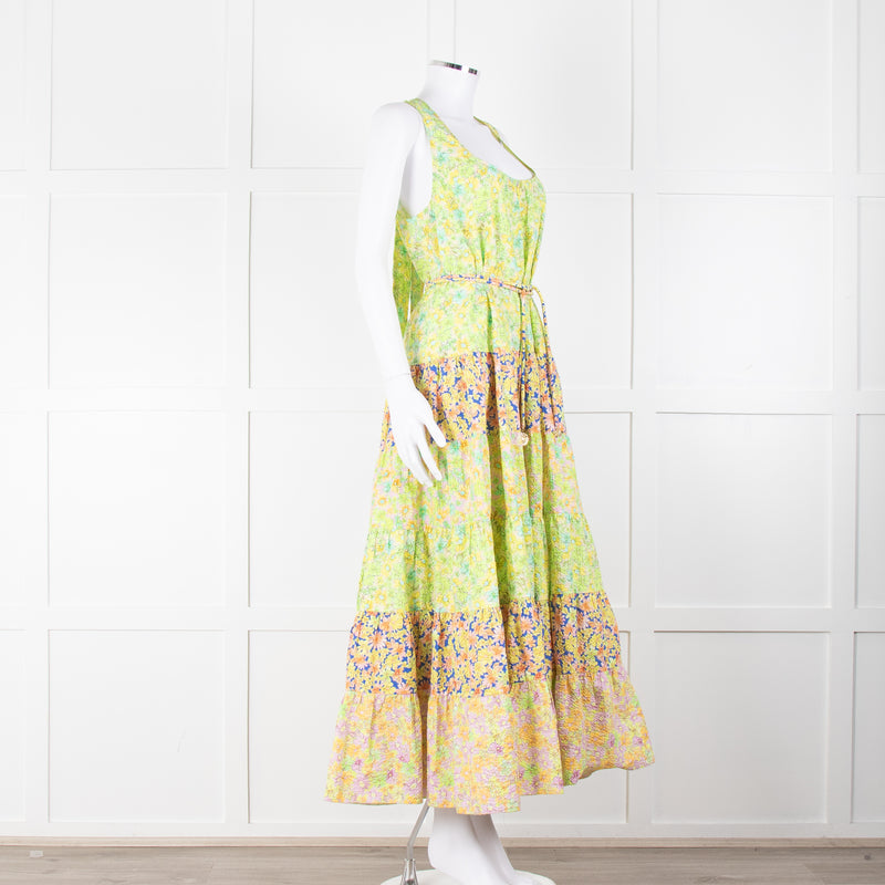 Alemais Lime Green Yellow Textured Tiered Belted Sleeveless Dress