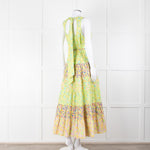 Alemais Lime Green Yellow Textured Tiered Belted Sleeveless Dress