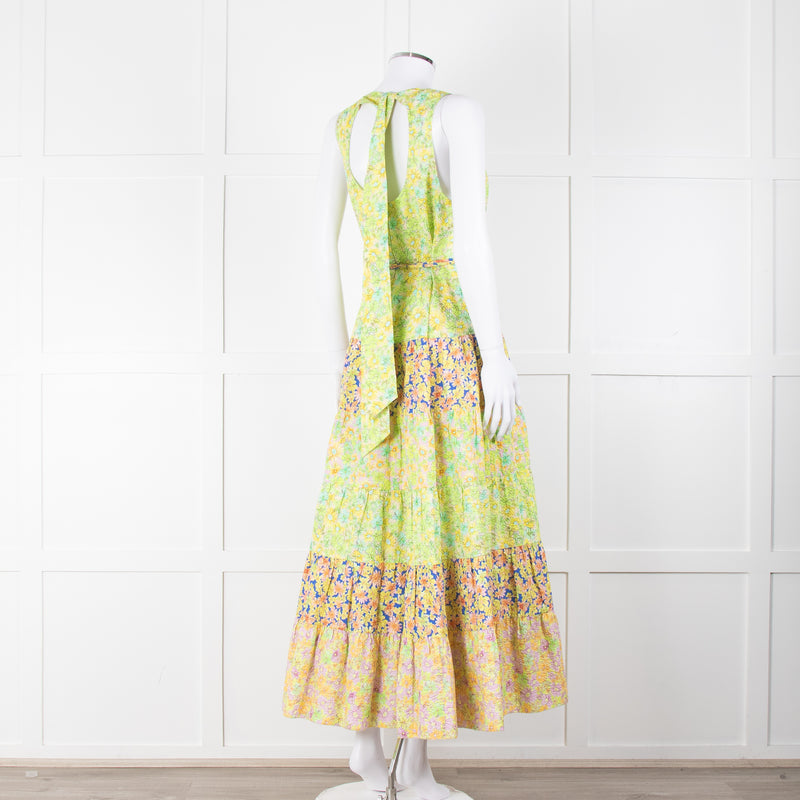 Alemais Lime Green Yellow Textured Tiered Belted Sleeveless Dress