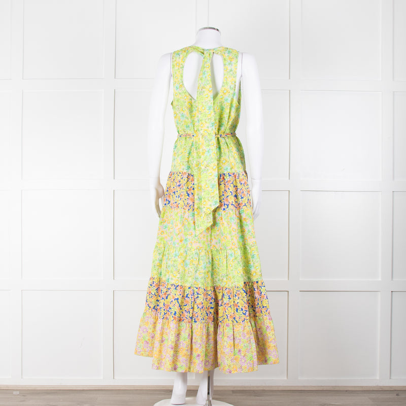 Alemais Lime Green Yellow Textured Tiered Belted Sleeveless Dress