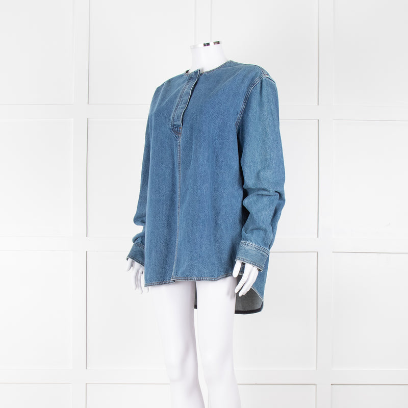 Toteme Blue Denim Long Sleeve Collarless Shirt