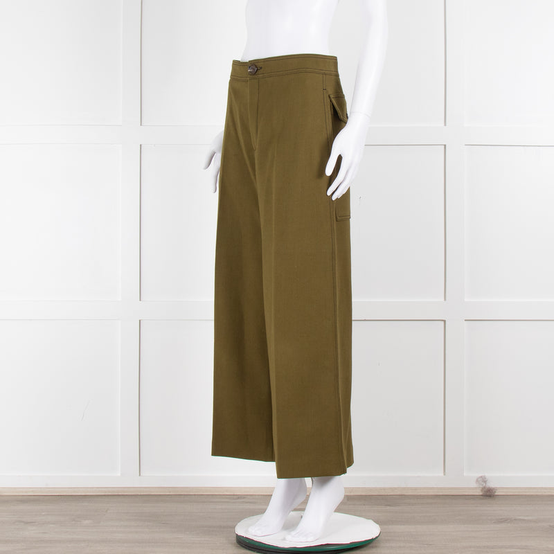 Joseph Khaki Heavy Twill Wide Leg Cropped Trousers