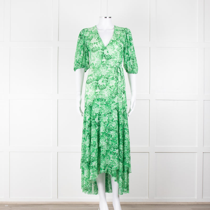 Ganni Green On Green Floral Short Sleeve Wrap Dress